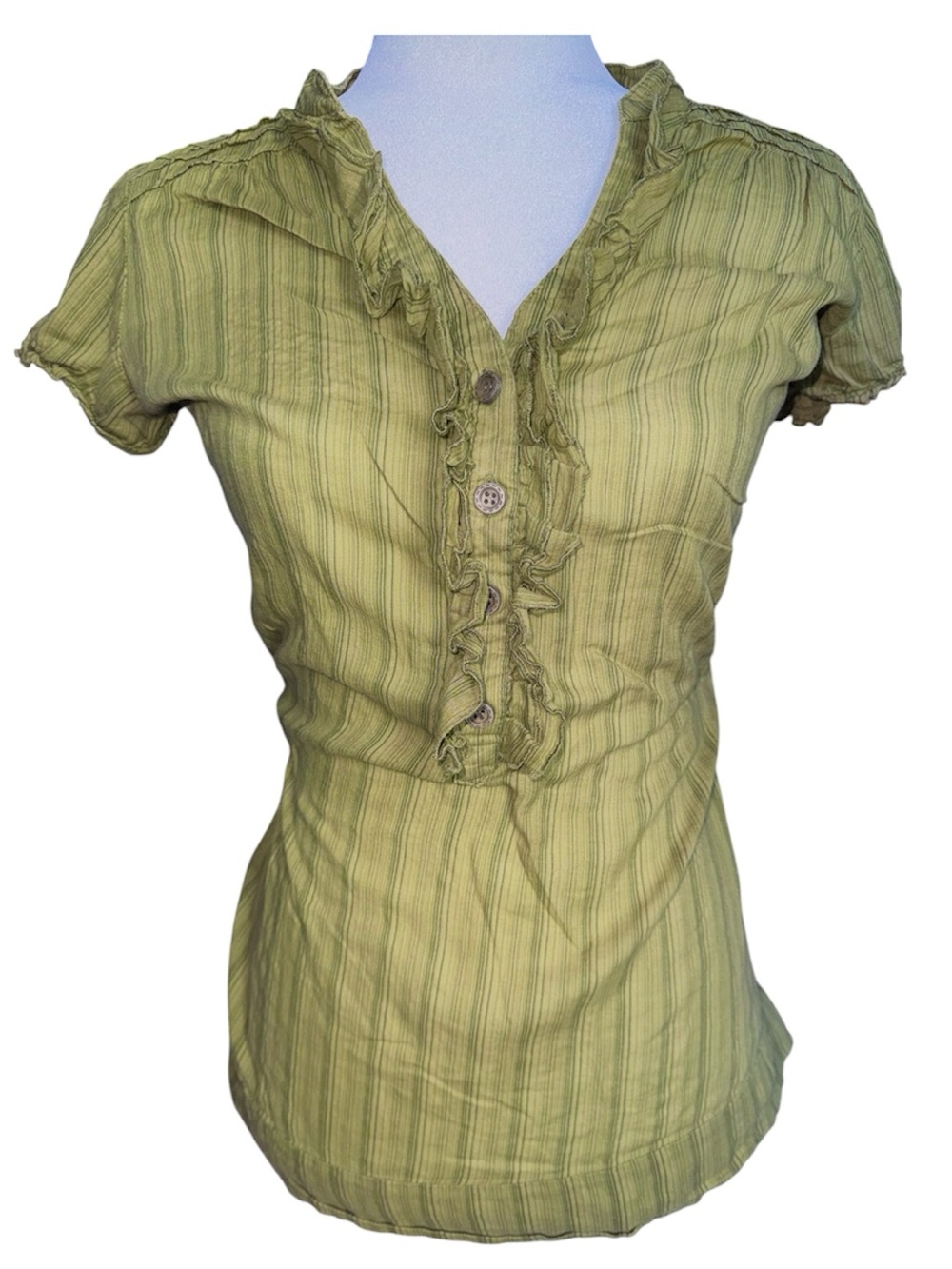Fang Y2K green striped ruffle short sleeve top